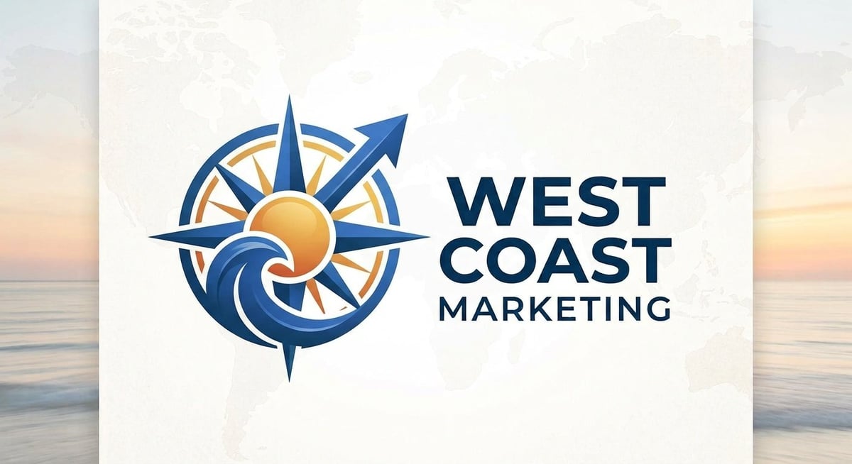 West Coast Marketing logo featuring a compass rose with sun and wave design on a beach sunset background